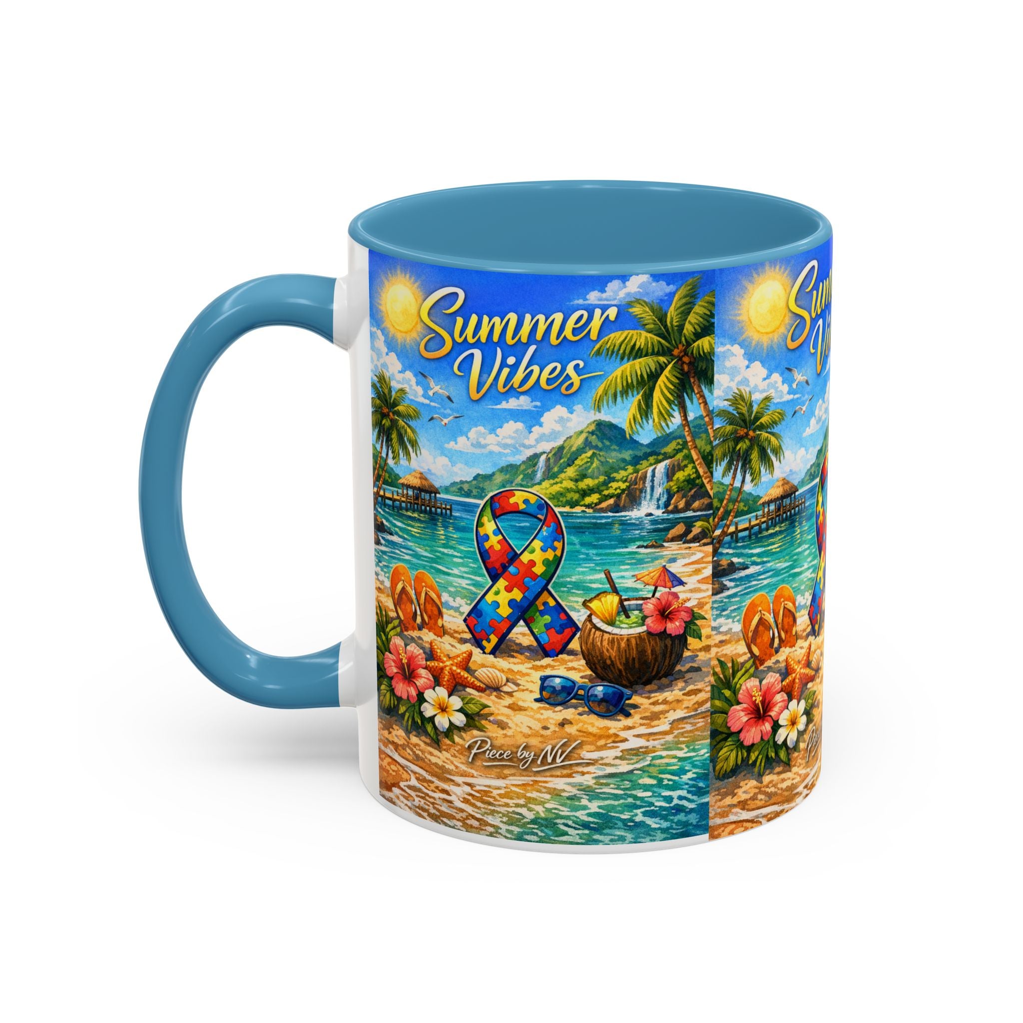 Tropical Palm Sunrise Mug | Ceramic Accent Coffee Mug 11oz 15oz, Summer Vibes Autism Awareness Mug – Tropical Beach Puzzle Ribbon Design