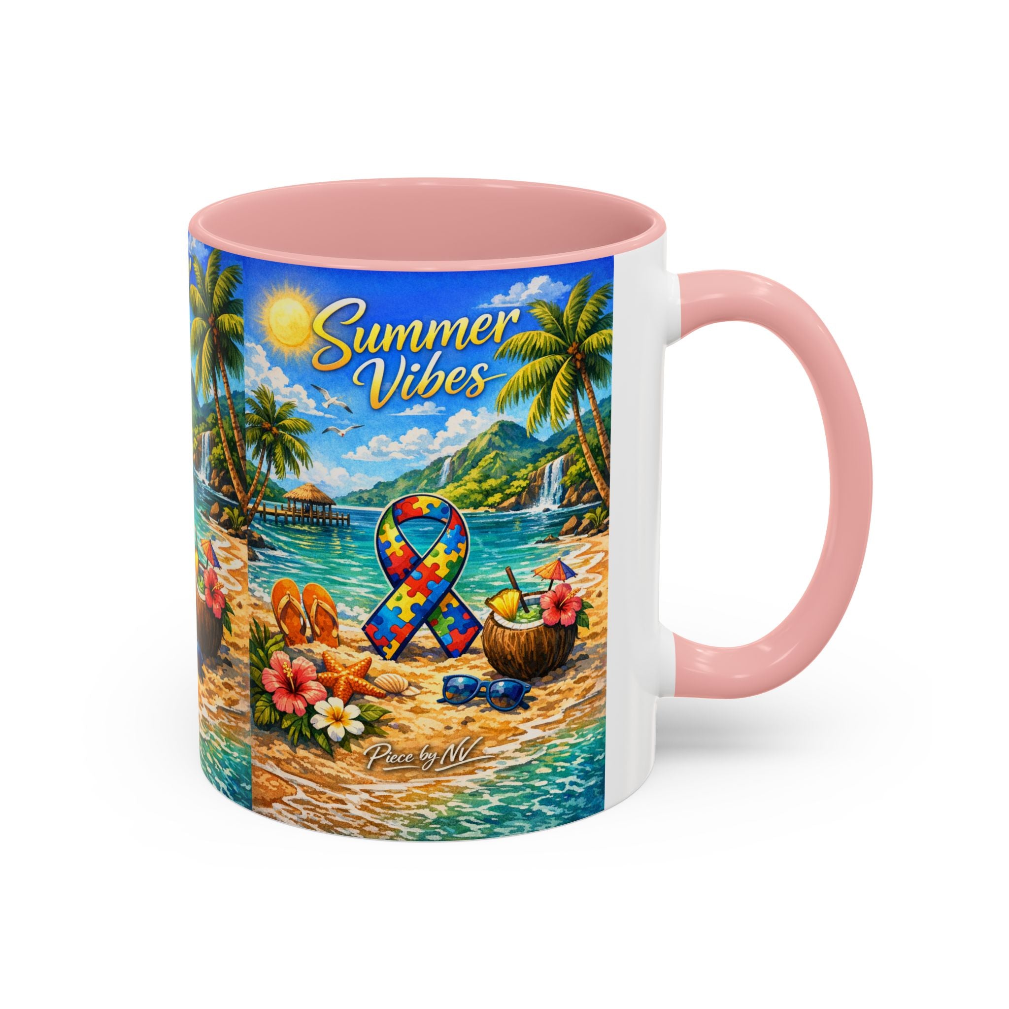 Tropical Palm Sunrise Mug | Ceramic Accent Coffee Mug 11oz 15oz, Summer Vibes Autism Awareness Mug – Tropical Beach Puzzle Ribbon Design