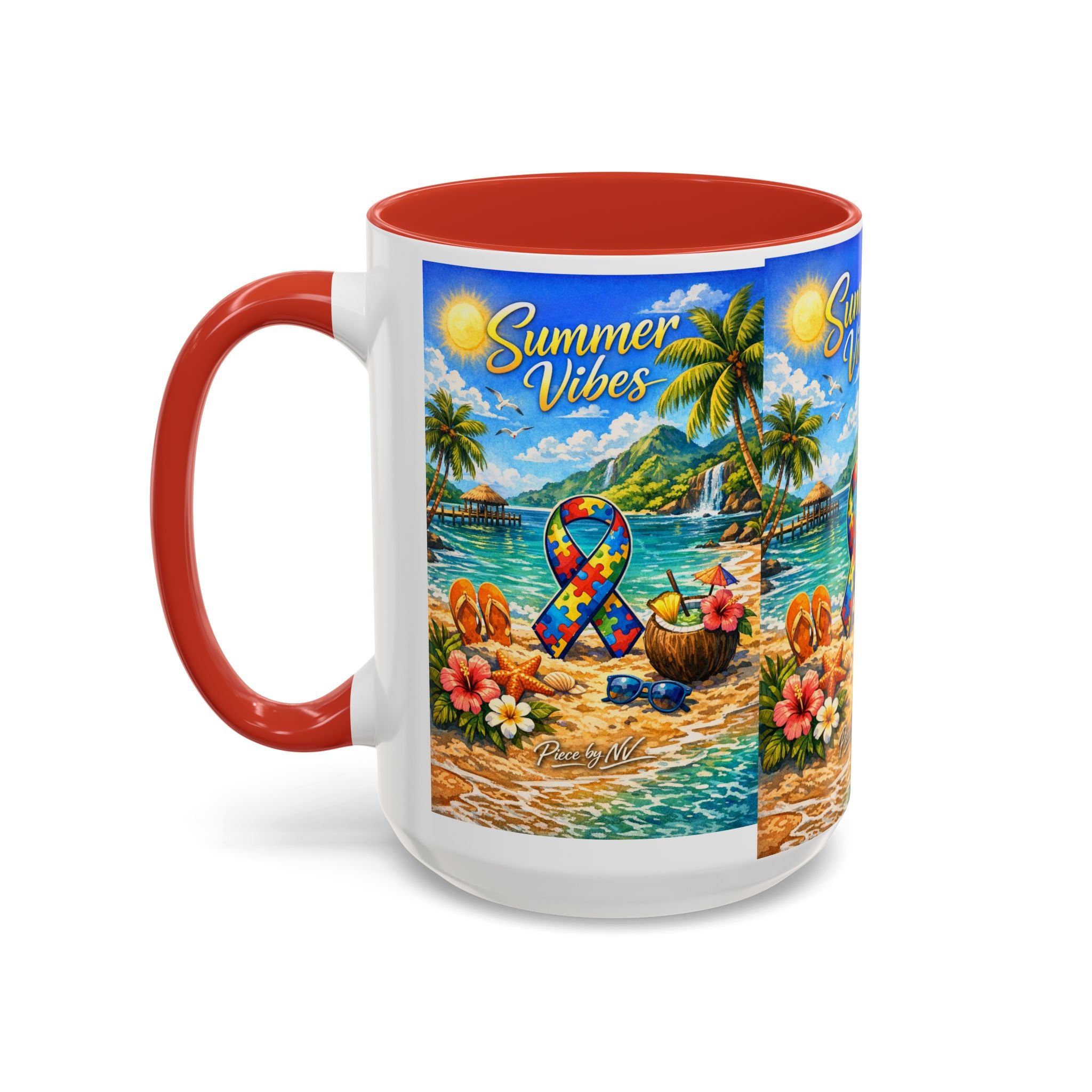 Tropical Palm Sunrise Mug | Ceramic Accent Coffee Mug 11oz 15oz, Summer Vibes Autism Awareness Mug – Tropical Beach Puzzle Ribbon Design