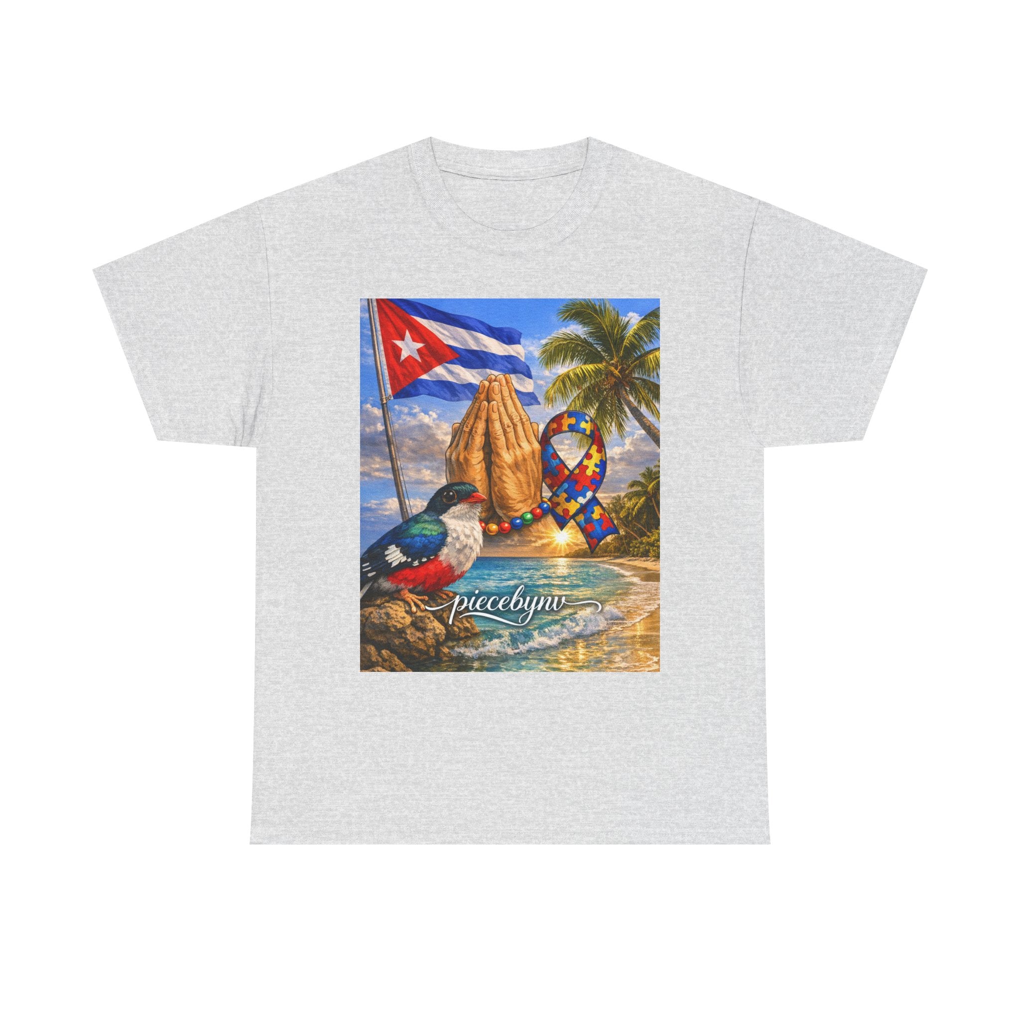 Cuban Beach Scene Prayer Hands T-Shirt | Cuban Flag, Tropical Palms, Hummingbird