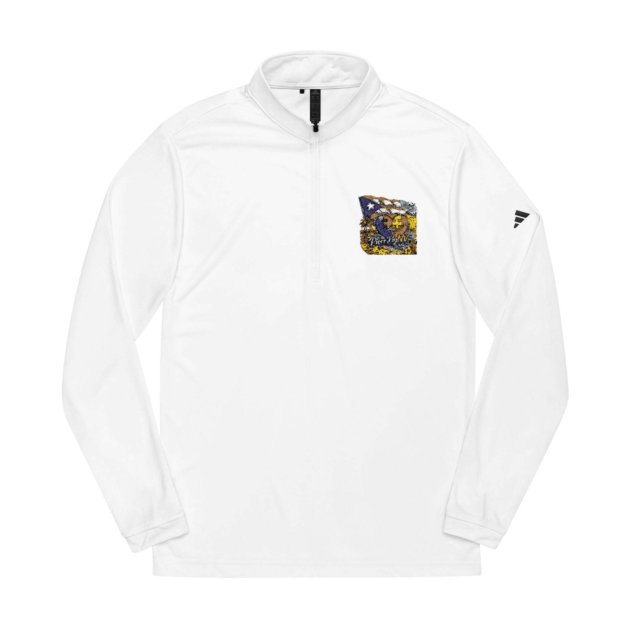 Embroidered Quarter-Zip Pullover — Abstract Gold & Navy Patch