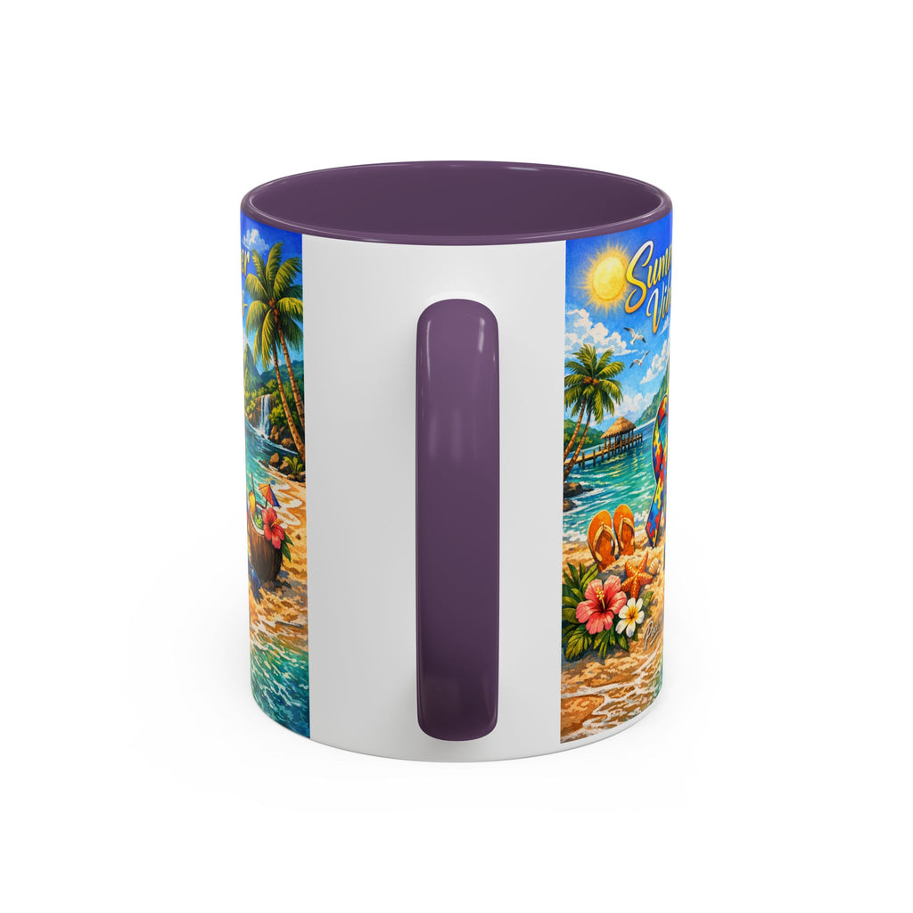 Tropical Palm Sunrise Mug | Ceramic Accent Coffee Mug 11oz 15oz, Summer Vibes Autism Awareness Mug – Tropical Beach Puzzle Ribbon Design