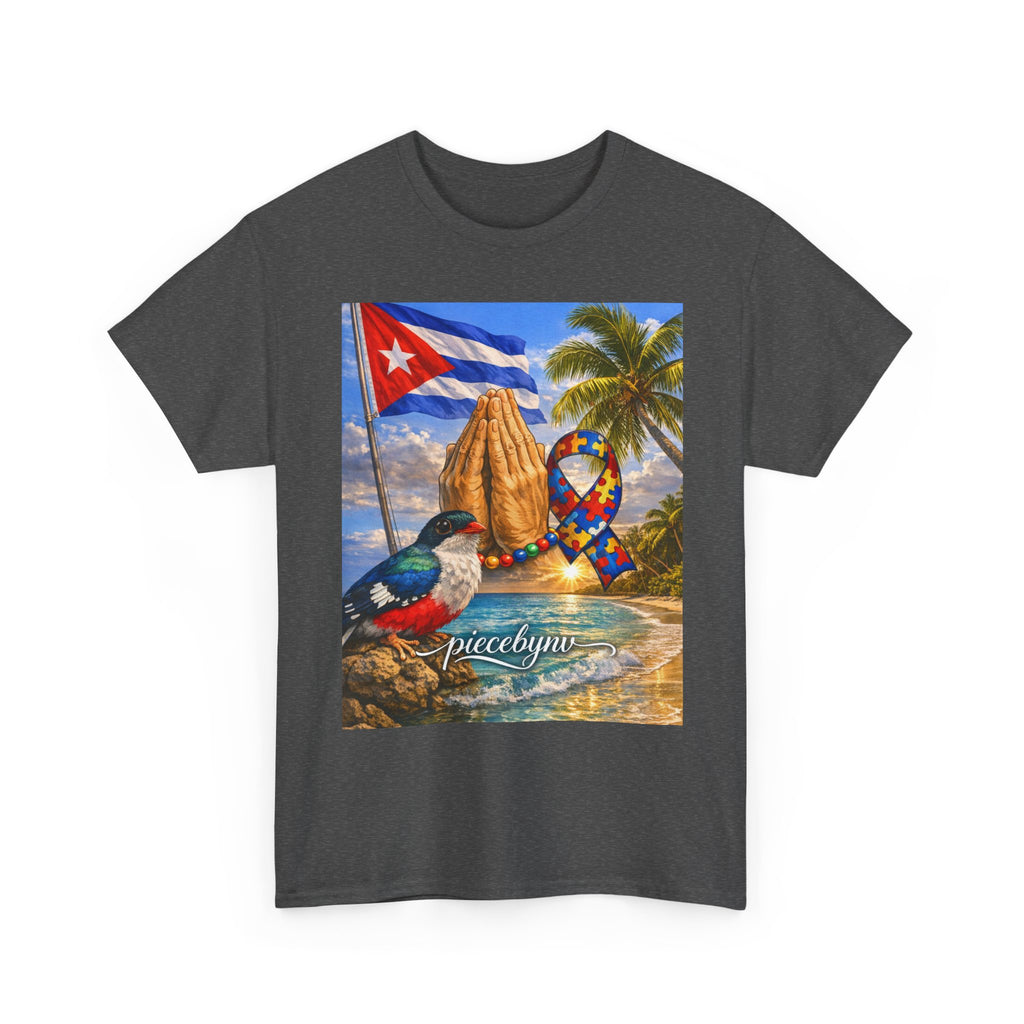 Cuban Beach Scene Prayer Hands T-Shirt | Cuban Flag, Tropical Palms, Hummingbird