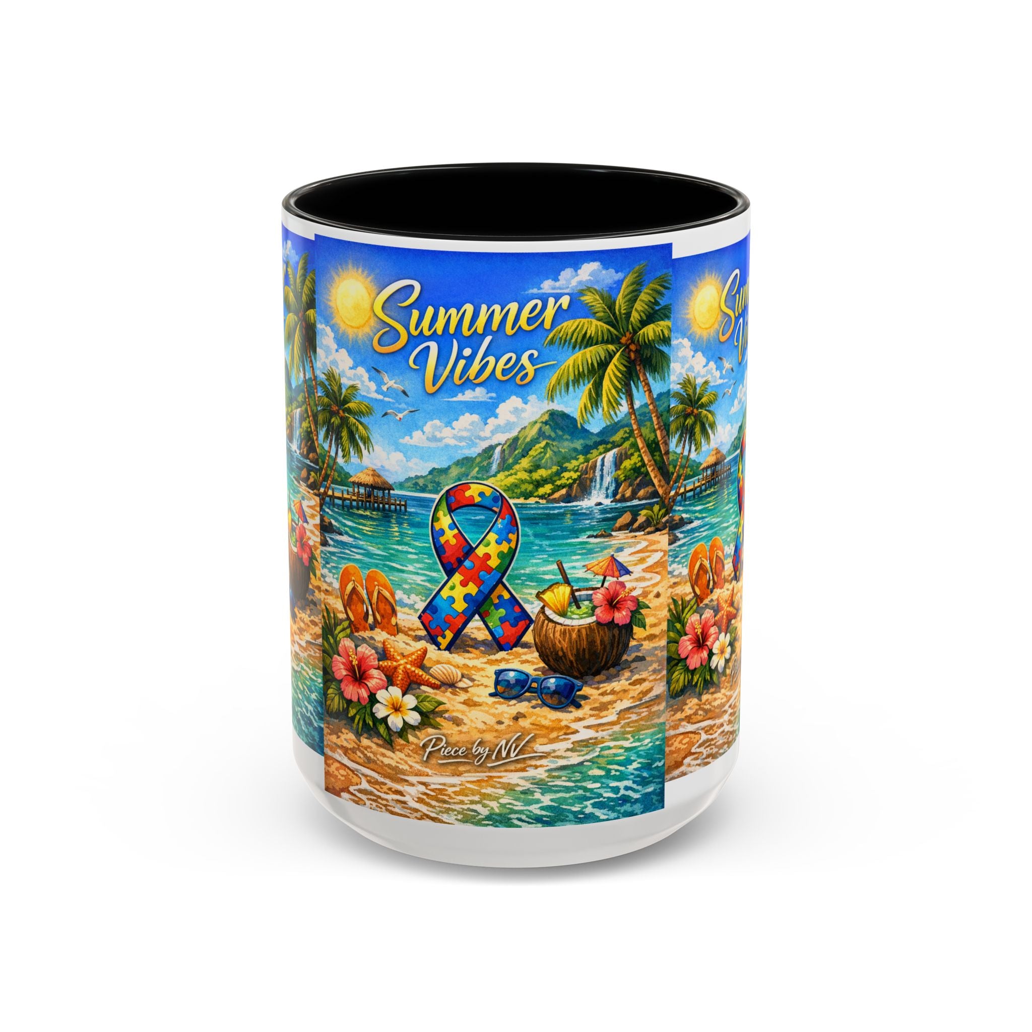 Tropical Palm Sunrise Mug | Ceramic Accent Coffee Mug 11oz 15oz, Summer Vibes Autism Awareness Mug – Tropical Beach Puzzle Ribbon Design